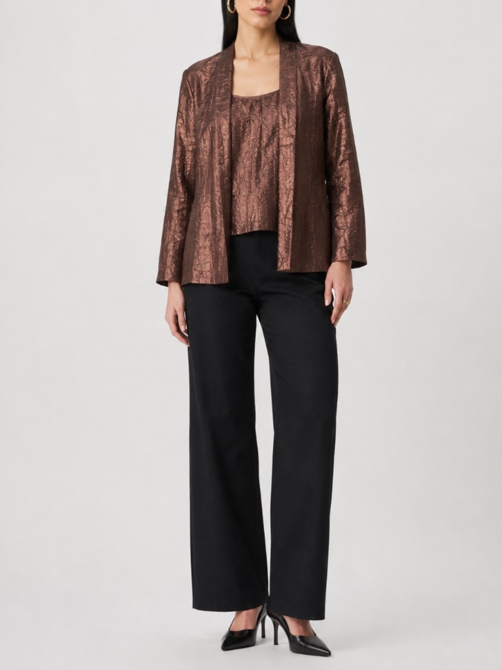 R&M Richards Bronze Metallic Crinkle Jacket & Camisole 2-Piece Set Size 14
